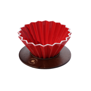 Red ceramic dripper with a wooden base – Size 01